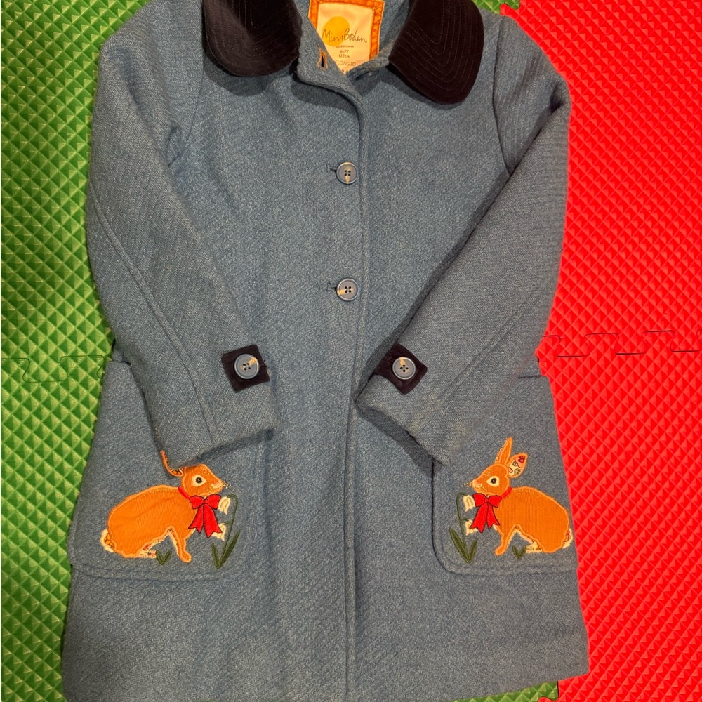Mini Boden Blue Pea Coat with Embroidery size 6/7